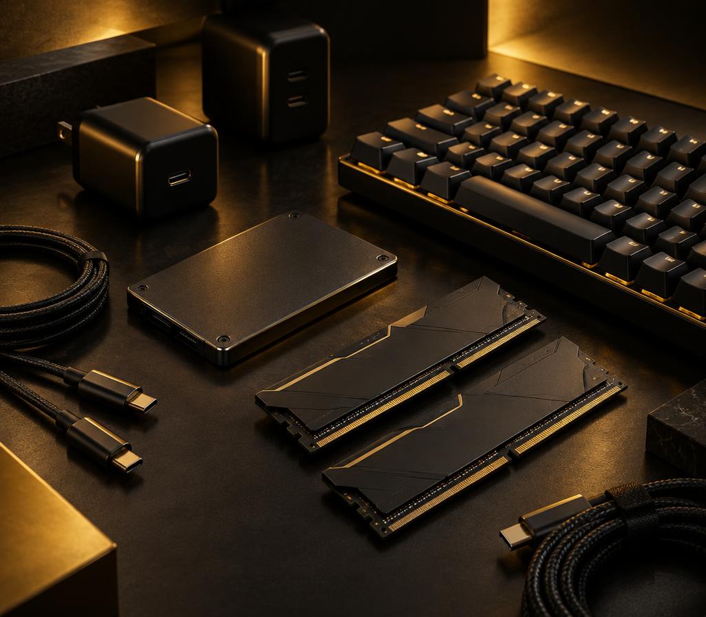 SSD, memória, teclado, carregadores e acessórios